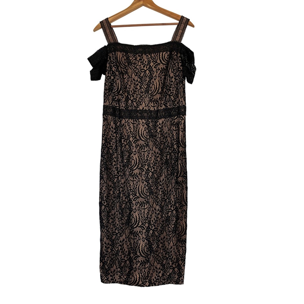 Rachel Rachel Roy Black Lace Cold Shoulder Midi Sheath Dress Tan Lining Size 10